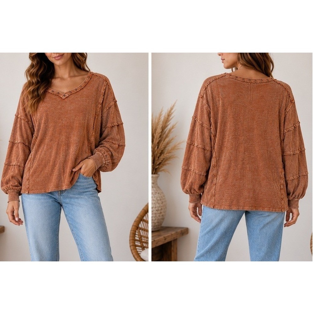 Easel Top Women Lrg Terracotta Oversized Studded V-Neck Ribbed Knit Boho Earthy